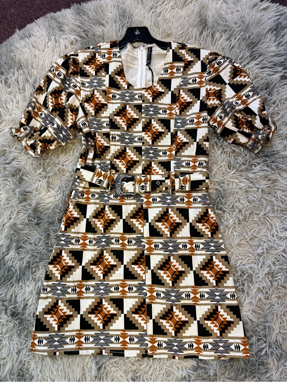 Geometric Belted Mini Dress in Cream, Brown & Black